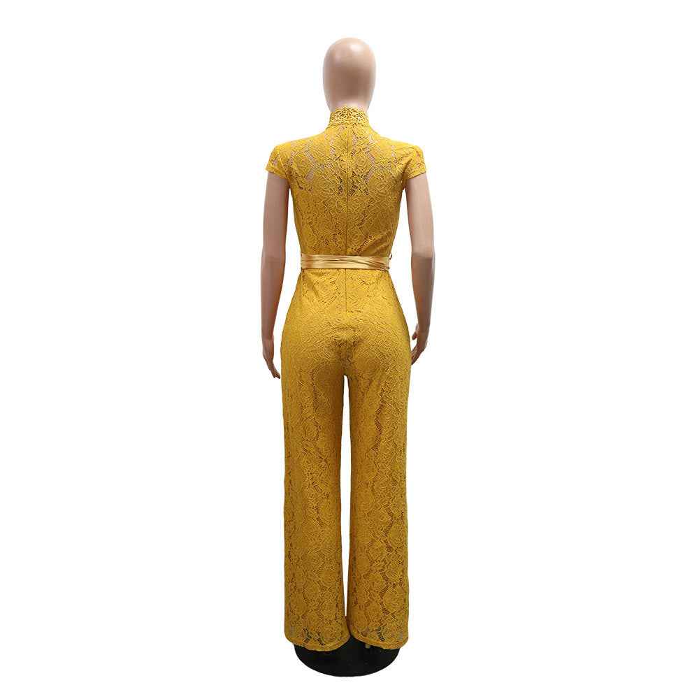 Round Neck Short Sleeve Lace Jumpsuit Wide Leg Pants Women Solid Color Trousers