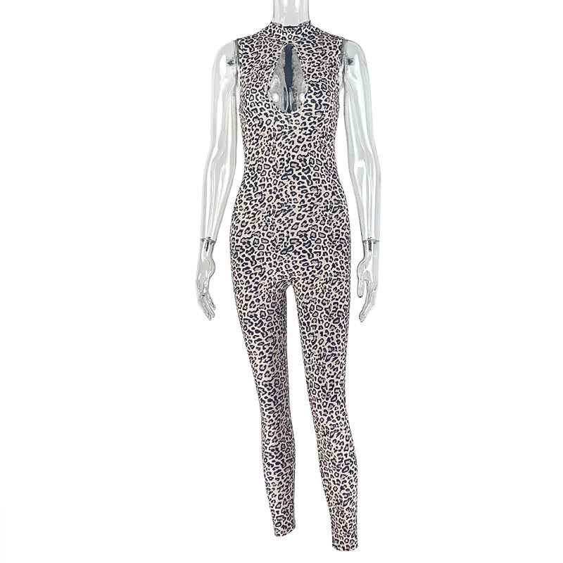 Leopard Print Jumpsuit Hollow Sheath