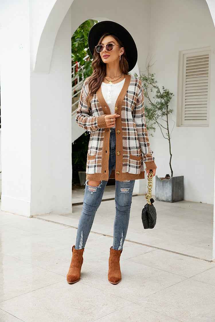 Plaid Sweater Knitted Cardigan