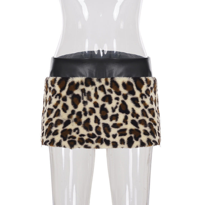 Leopard Fur Stitching Leather Hip Skirt Two Piece Set