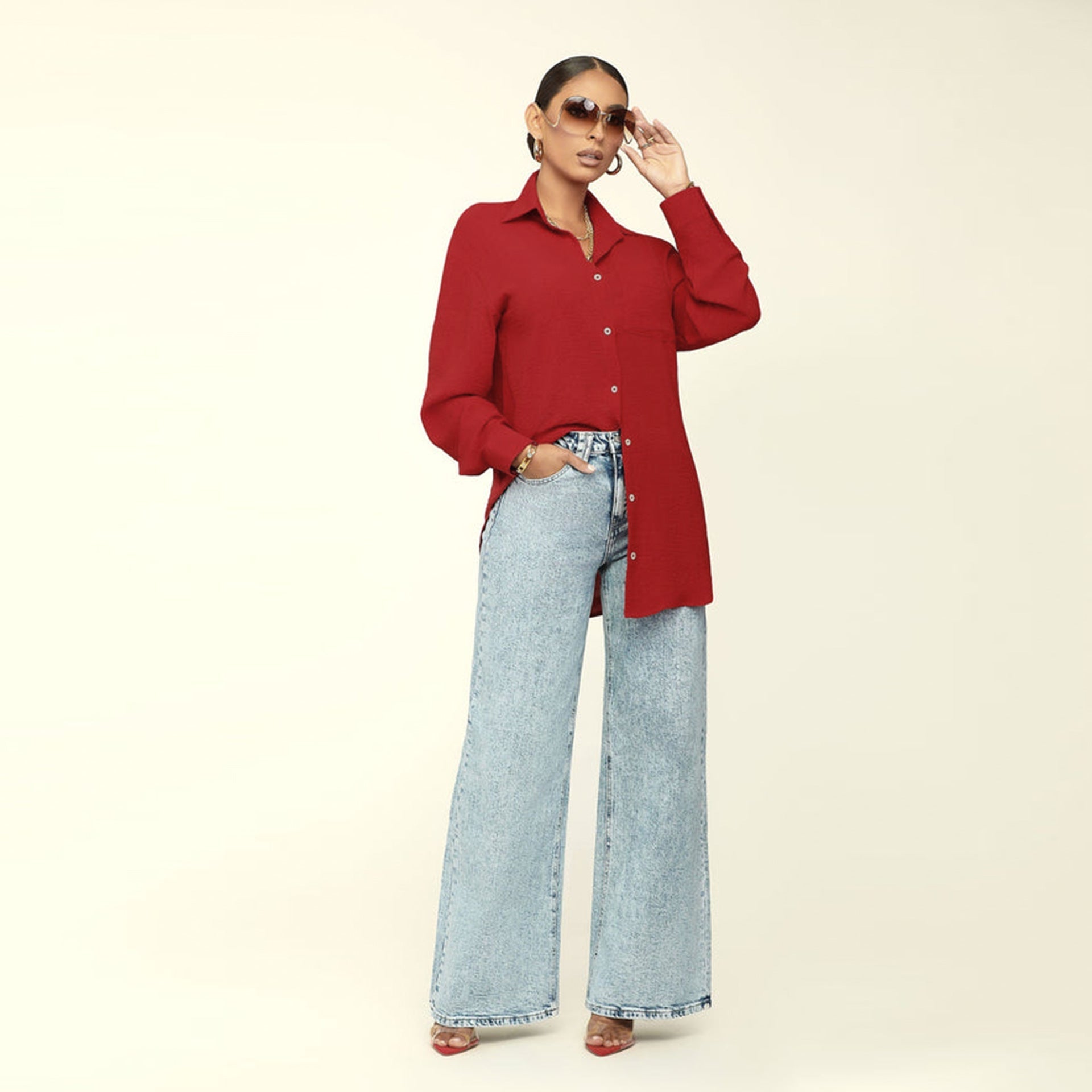 Fall Women Long Sleeve Solid Color Top Loose Casual Shirt Women