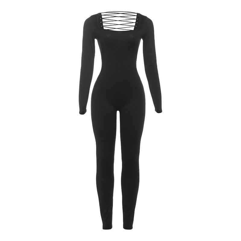 Backless Lace up Long Sleeve Solid Color Hip Lifting Jumpsuit