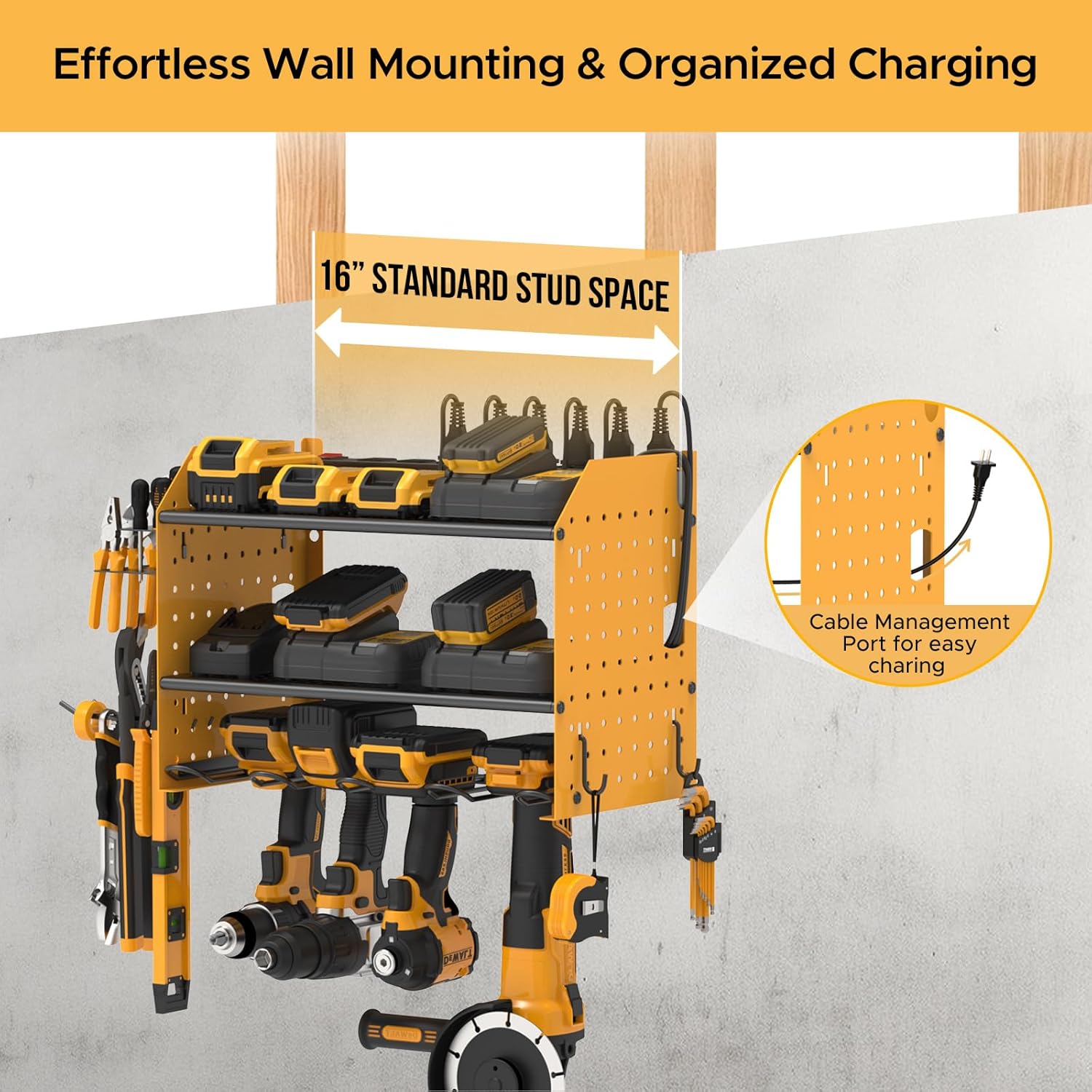 Power Tools Organizer Wall Mount, Cordless Drill Holder with 8-Outlet Power Strip, Modular Garage Organization Storage Rack 36 Months Warranty