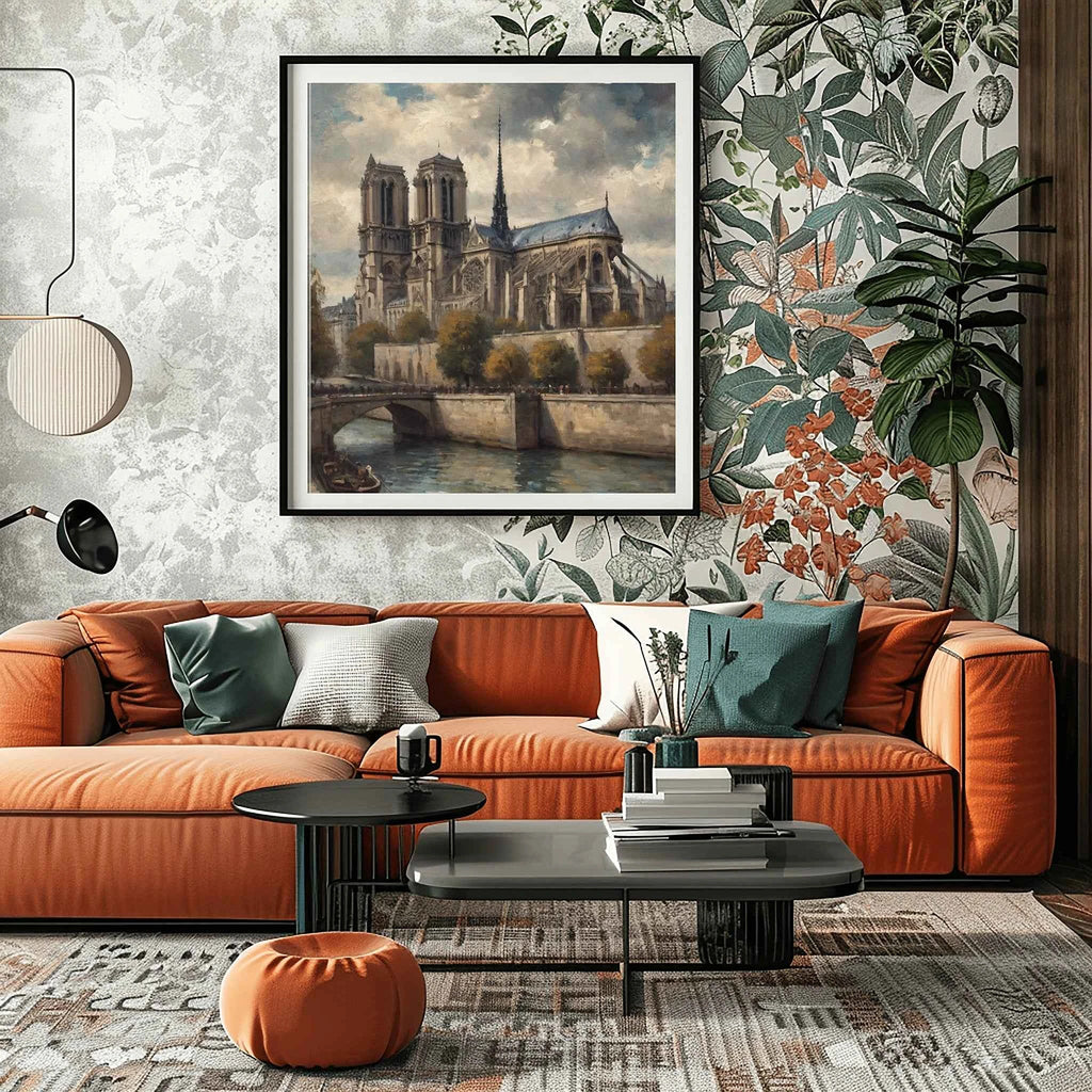 Notre-Dame Heritage: Gothic Cathedral & Seine Riverbank Oil Painting