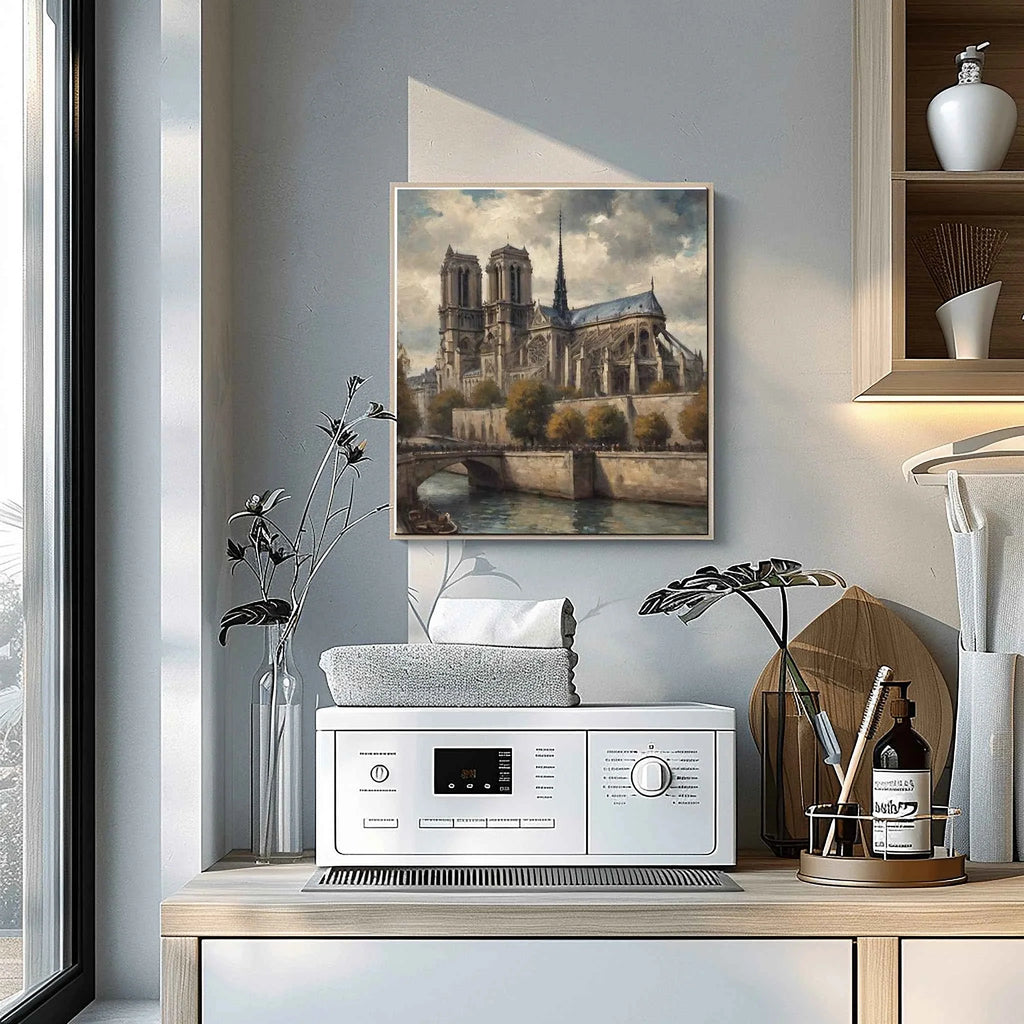 Notre-Dame Heritage: Gothic Cathedral & Seine Riverbank Oil Painting