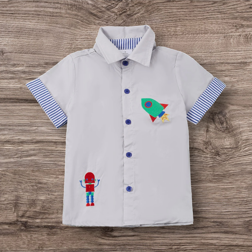 Rocket Robot Button Up Boys Shirt