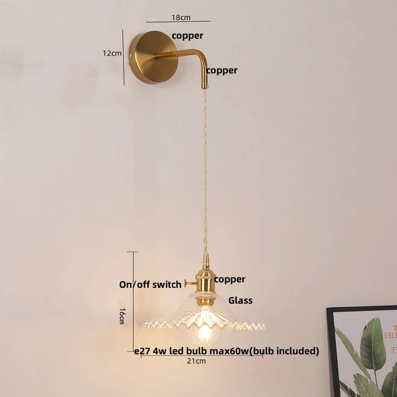 DecorBites™ Glass Copper LED Wall Sconce | Pull Chain Switch | Adjustable Bathroom Light