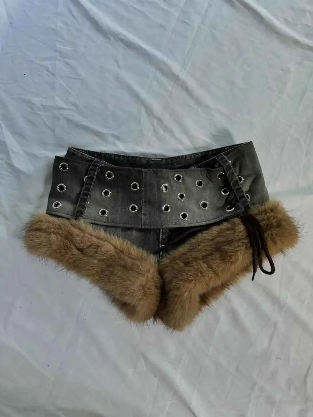 Fur Collar Mini Denim Bottoms for Women Y2k Personality
