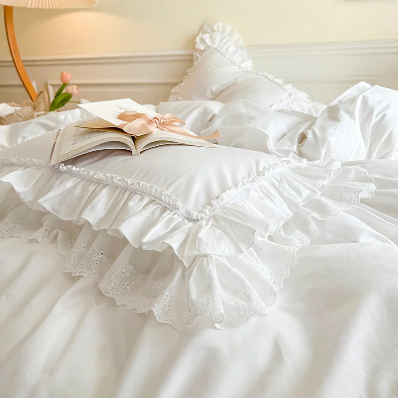 DecorBites™ Korean Princess Style Double Ruffle Bedding Set for Queen King Bed