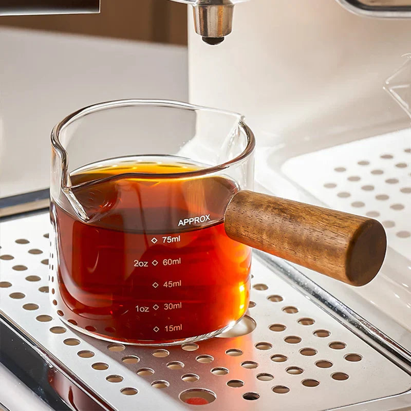DecorBites™ Glass Espresso Measuring Cup with Wood Handle, Transparent Milk Jug