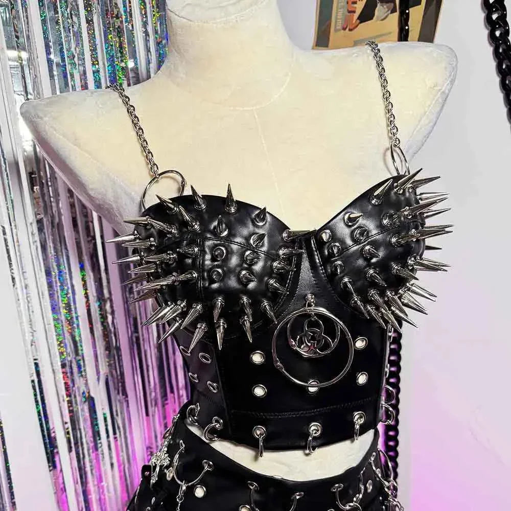 Goth Top with Spikes Grunge PU Leather Tank T-shirt