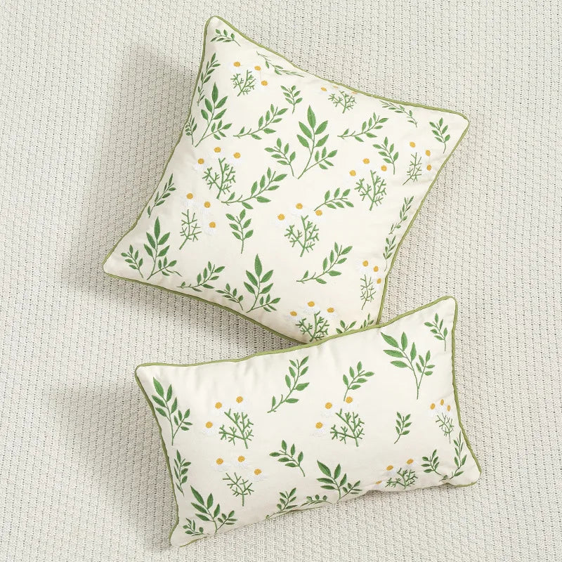 DecorBites™ Daisy Floral Green Leaves Embroidery Cushion Cover for Living Room Bedroom