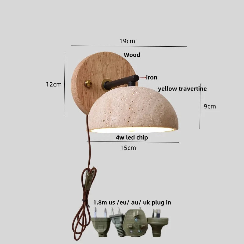 DecorBites™ Iron Yellow Travertine Wall Lights, Pull Chain Switch, LED Sconce for Bedroom, Bathroom.