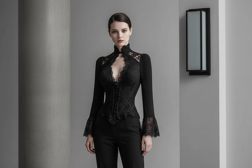Slim Fit Elegant Court Lace See-Through Stand Collar Cut Out Flare Sleeve Blouse
