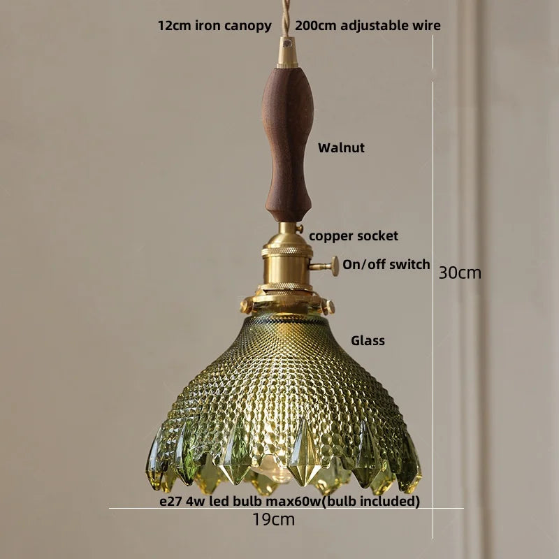 DecorBites™ Green Glass LED Pendant Lights with Walnut Wood Hanging Lamp