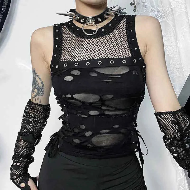 Gothic Crop Top T-Shirt for Women Sexy Fishnet Backless Steampunk