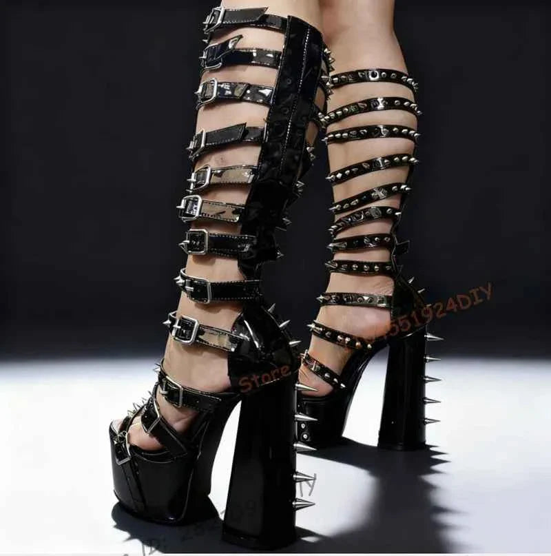 Punk Gladiator Summer Boots Women's Black Leather Studs