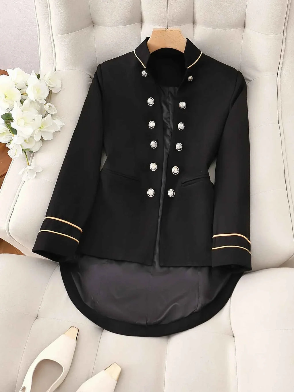 Elegant Black Double-Breasted Jacket with Golden Buttons Polyester Blend Formal Attire