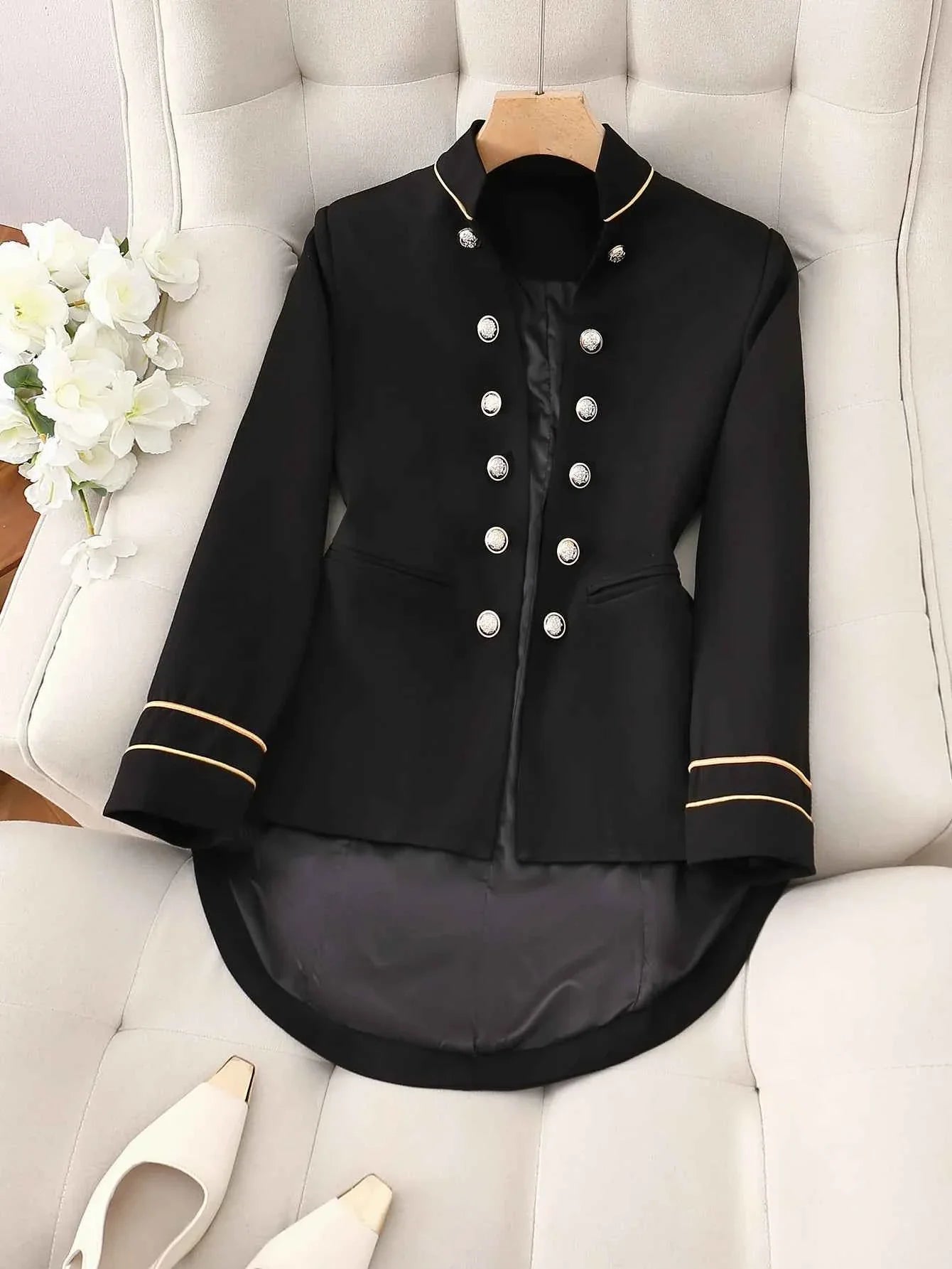 Elegant Black Double-Breasted Jacket with Golden Buttons Polyester Blend Formal Attire