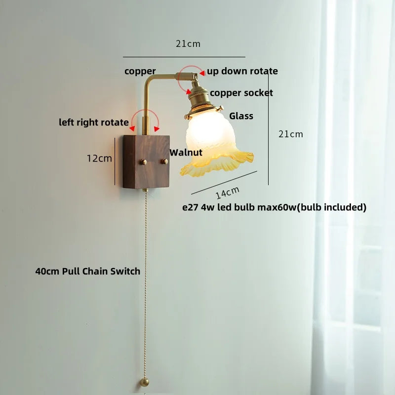 DecorBites™ LED Brass Walnut Wood Wall Sconce Rotate Glass Stair Light