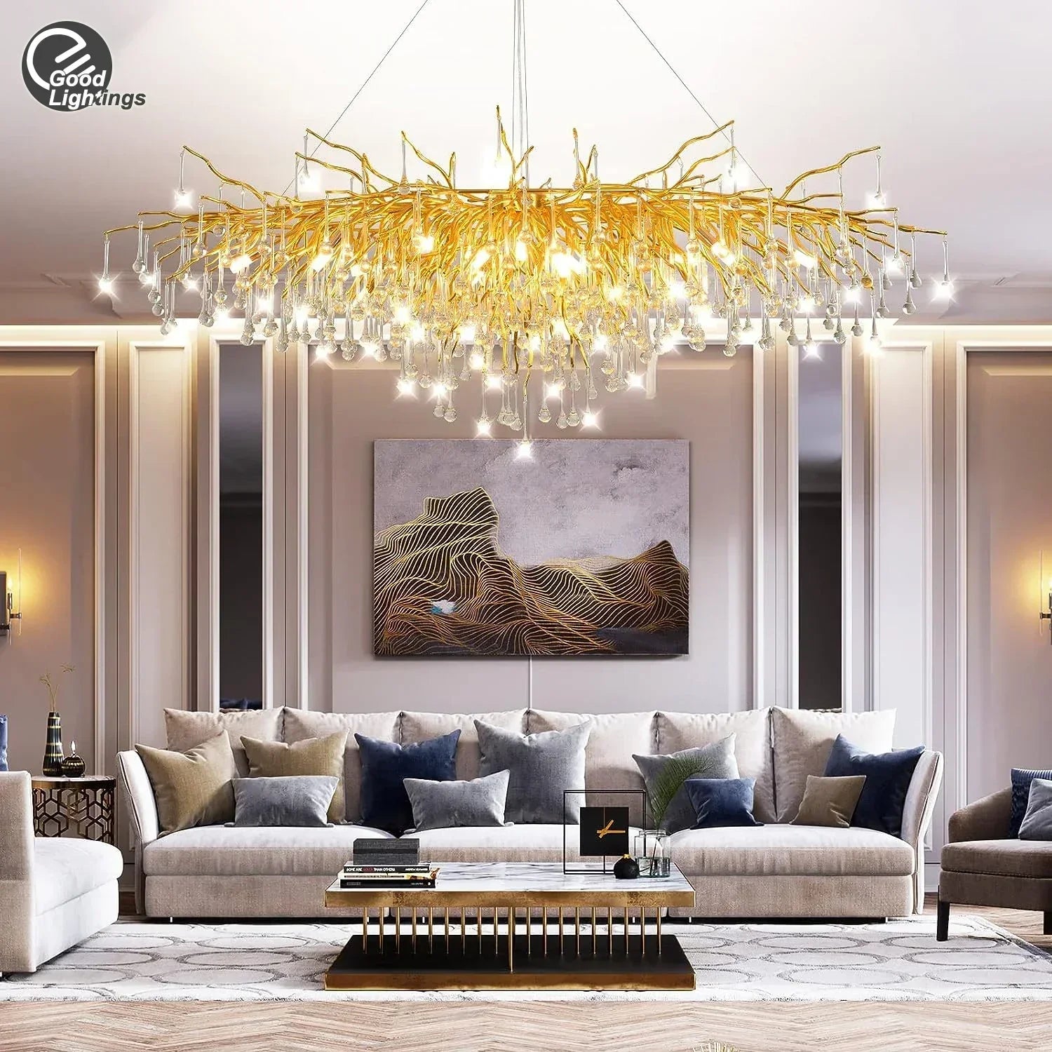 DecorBites™ Gold Nordic Crystal Chandelier - Long Branch Teardrop Design