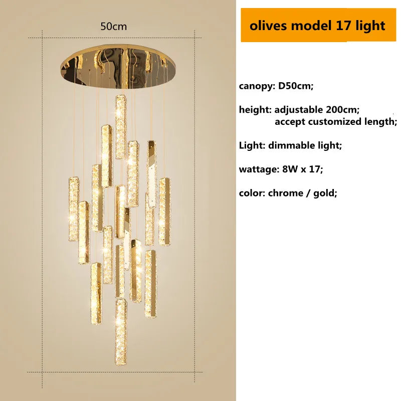 DecorBites™ Gold Chrome Steel Crystal Pendant Lights with Dimmable LED for Villa Stair