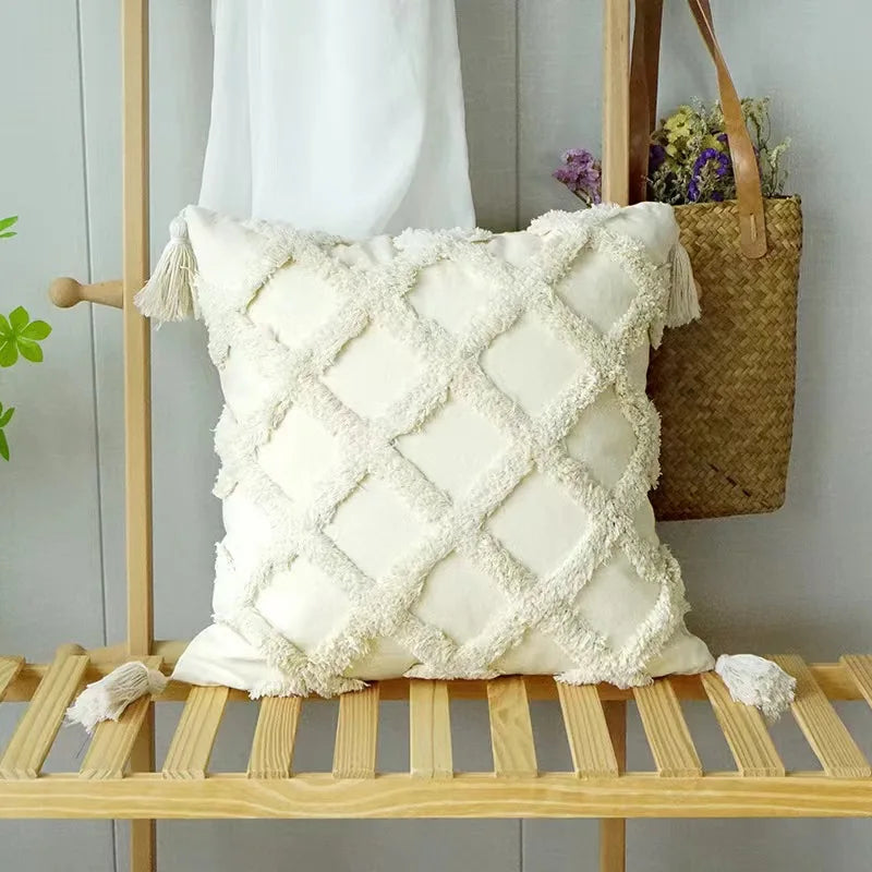 DecorBites™ Geometric Tufted Tassel Pillow Cover - Handcrafted Boho Chic Cushion Cover