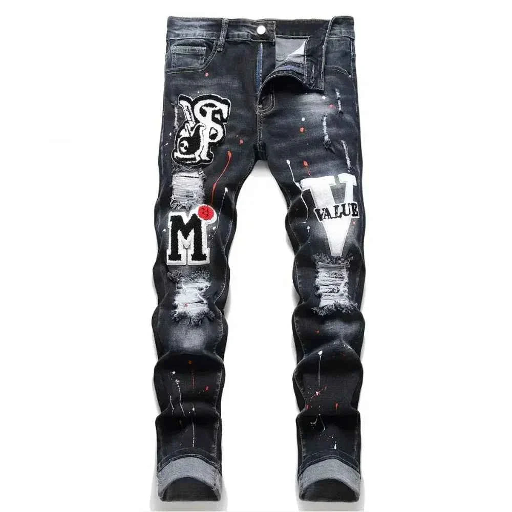 Men's Y2K Stretchy Denim Pants Ripped Skinny Letter Print elastic waist Casual pants