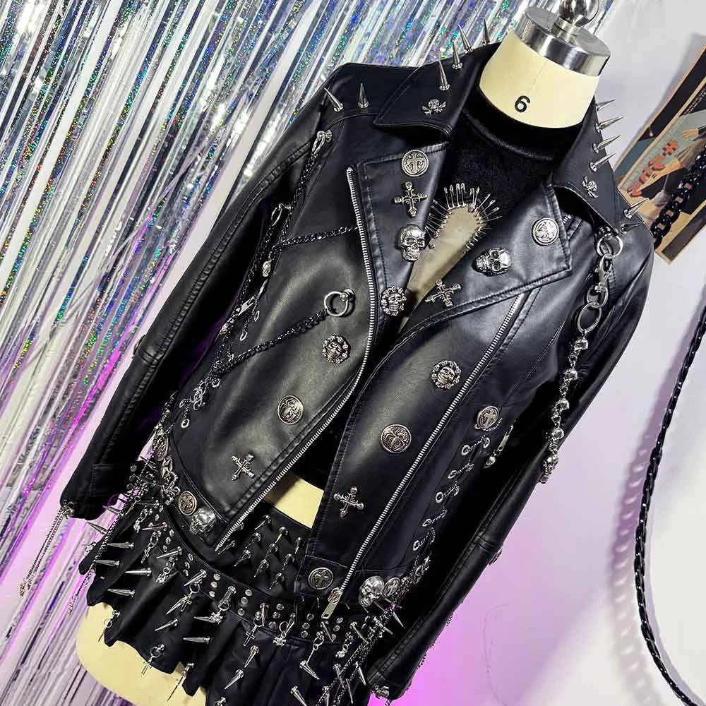Women's Y2K Vegan Leather Skull Studded Rivets Jacket