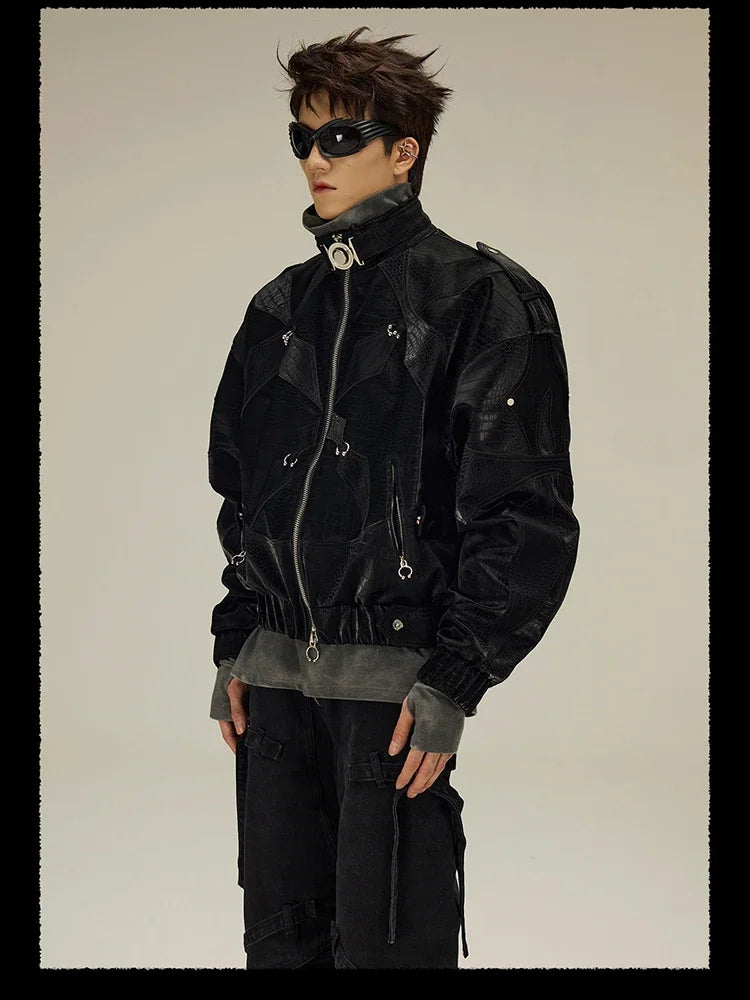 High Quality Crocodile Patchwork Pu Leather Coat Luxury Streetwear Men's Gothic Urban