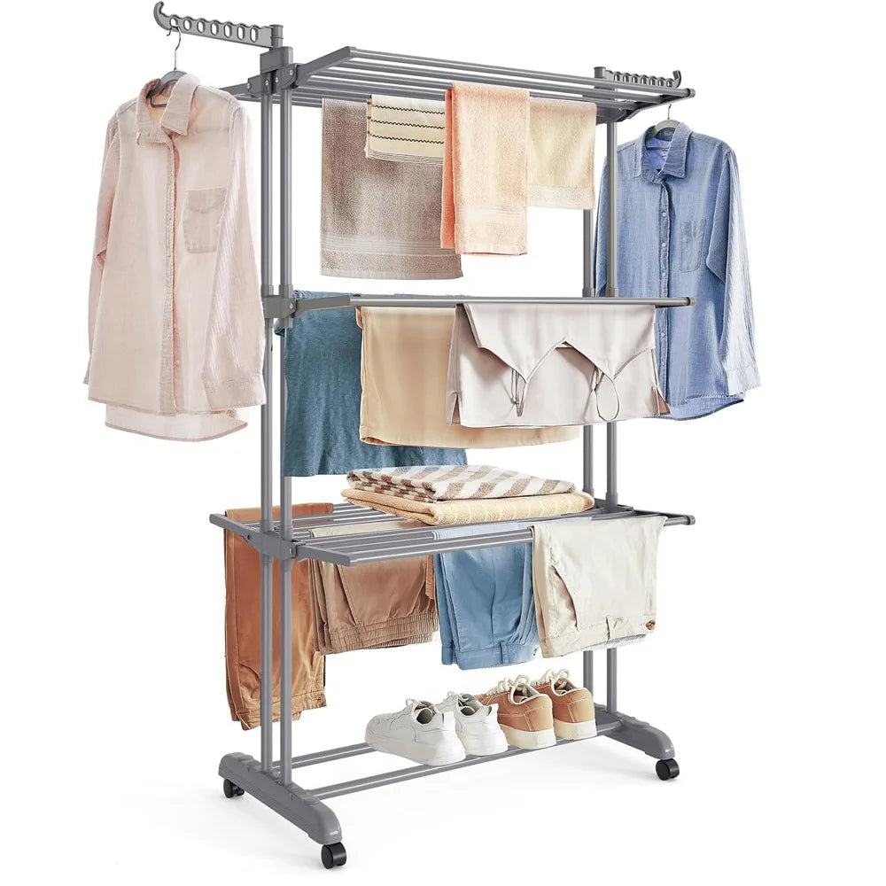 Foldable Plastic Clothes Drying Rack Laundry 4-Tier, Moveable Clothes Horse