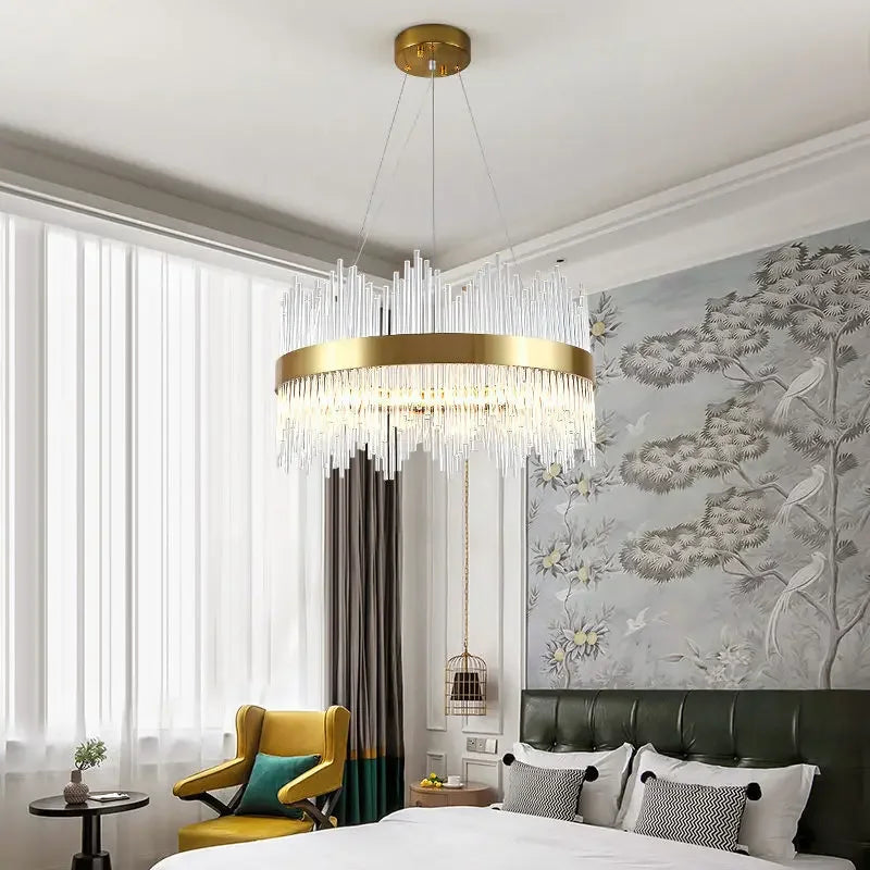 DecorBites™ Gold Crystal Chandelier: Dimmable Luxury Pendant Lamp for Bedroom, Living Room & Hotel