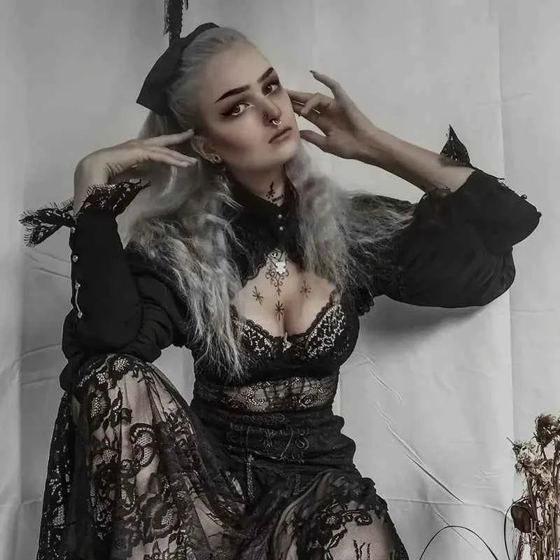 Gothic Lantern Sleeve Long Sleeve Crop Blouse