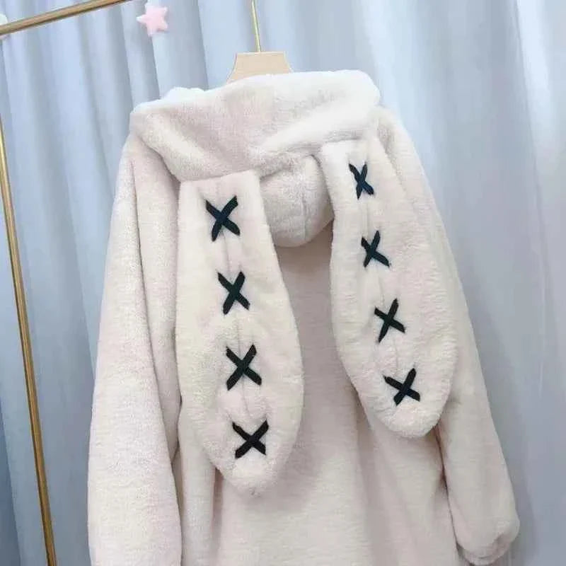 Women's Sweatshirts Rabbit Ears Punk Black Easter Collection Thickened Furry Zipper Oversized Y2k