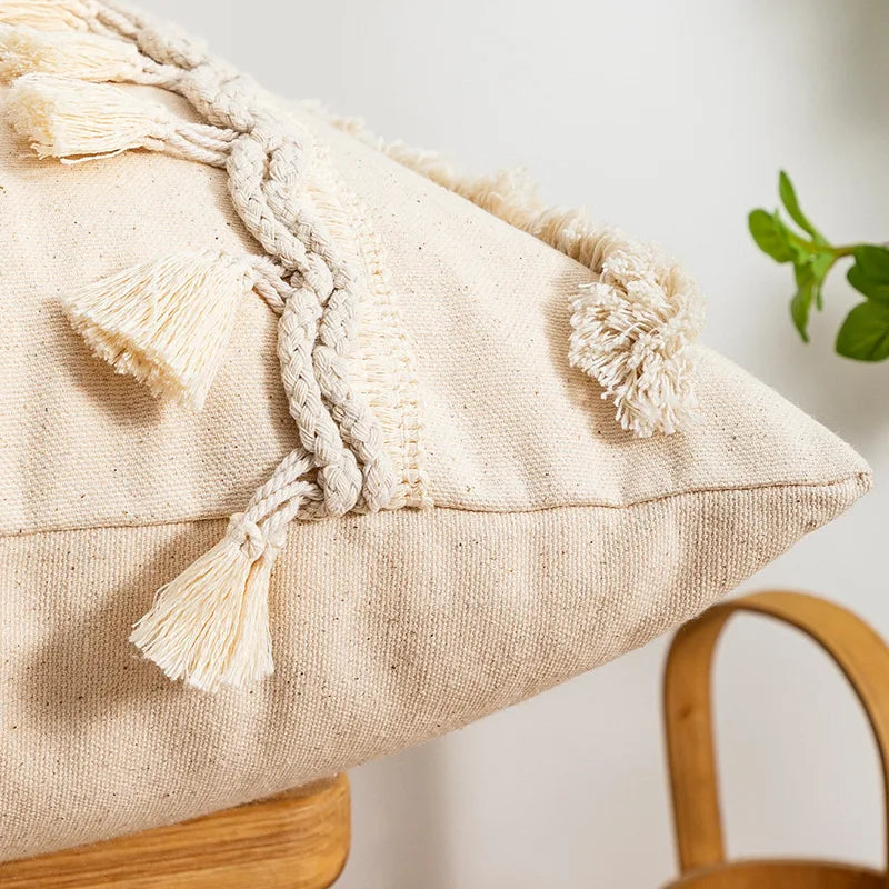 DecorBites™ Beige Wabi-sabi Tufted Fringed Geometric Tassel Cotton Linen Pillow Cover