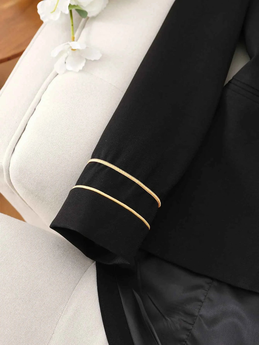 Elegant Black Double-Breasted Jacket with Golden Buttons Polyester Blend Formal Attire