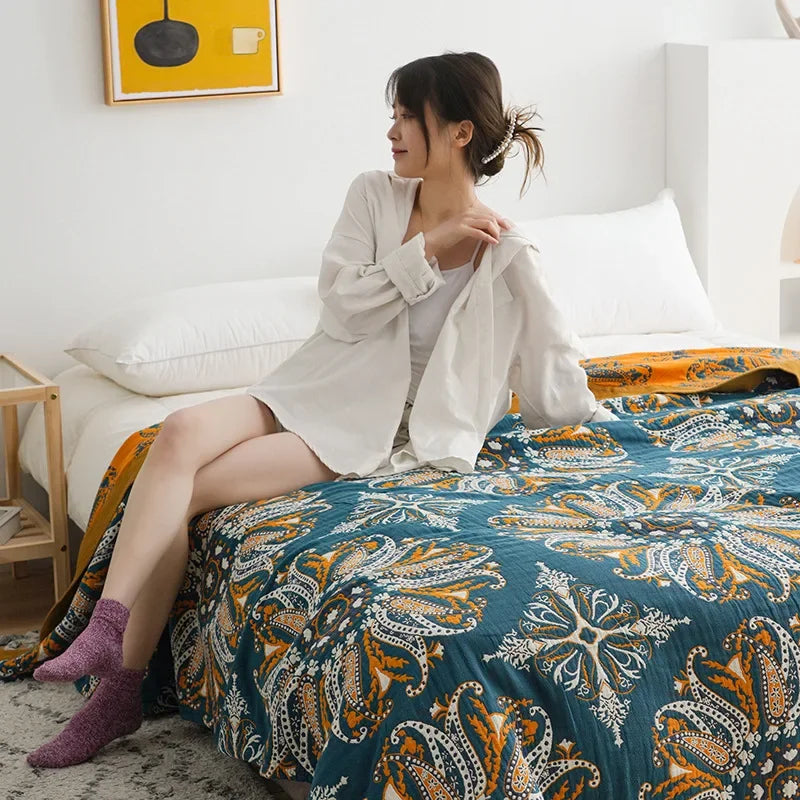 DecorBites™ Ethnic Cotton Blanket & Throw - Breathable Gauze Summer Quilt - Boho Decor Bedspread