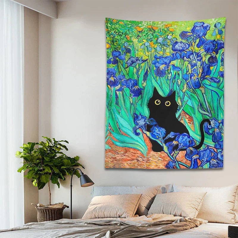 DecorBites™ Irises Cat Tapestry: Van Gogh Inspired Black Cat Art & Floral Print