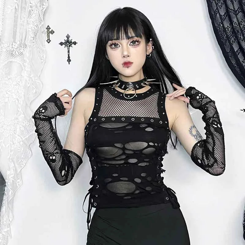 Gothic Crop Top T-Shirt for Women Sexy Fishnet Backless Steampunk