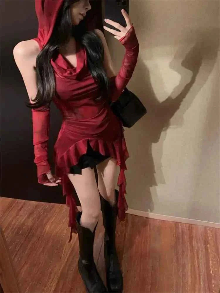 Red Mesh See Through Top Streetwear T-shirt Irregular Ruffle
