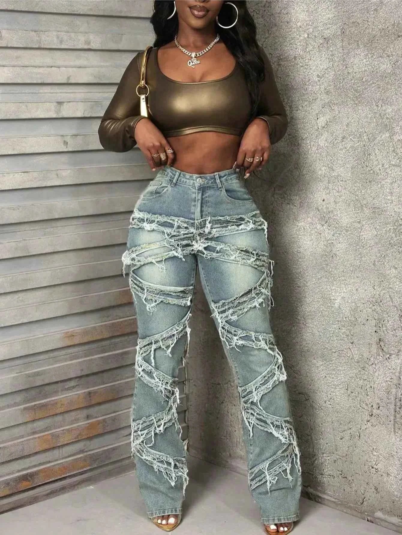 Y2K 90s Street Style Women's Vintage Fringed Distressed Flare Jeans
