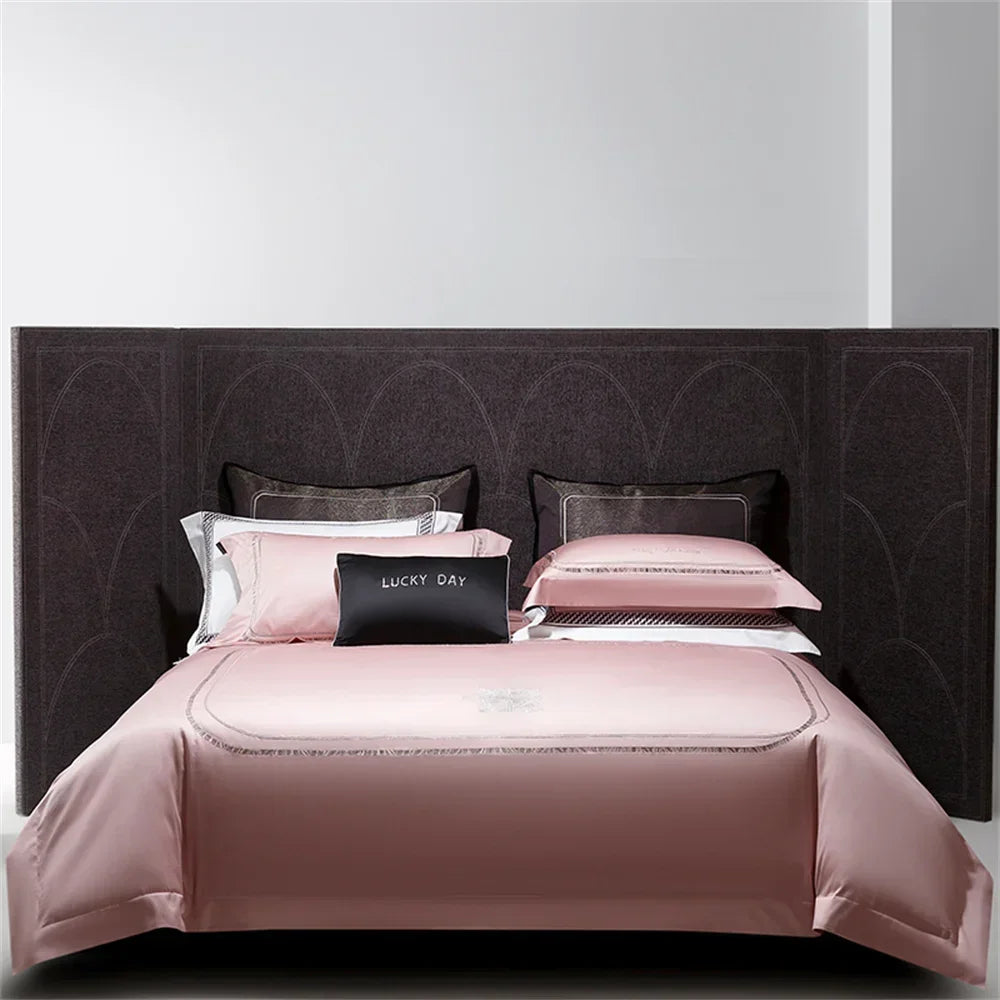 DecorBites™ Cotton Satin Jacquard Embroidery Bedding Set with Elastic Sheet & Duvet Cover