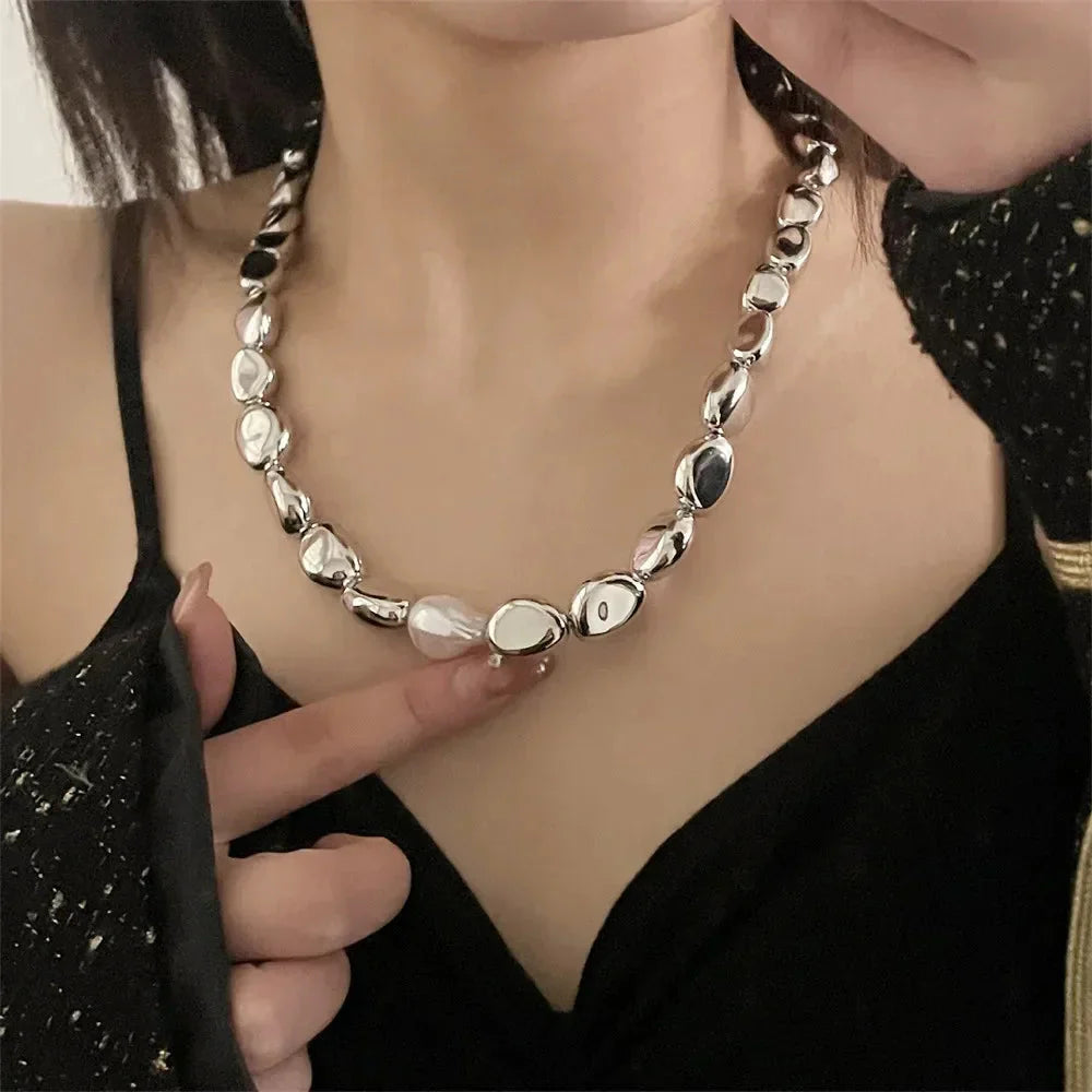 Vintage Silver-plate Geometric Exaggerated Artificial Pearl Chain Necklace For Women Female Fashion Boho Y2K Girl Jewelry Gift