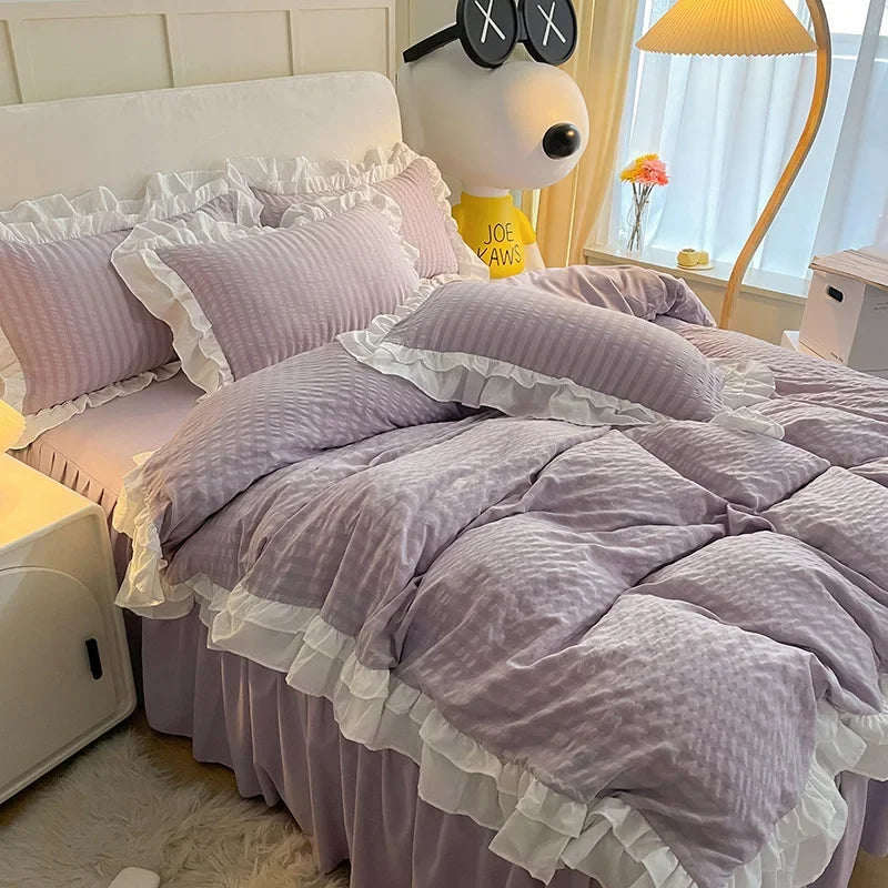 DecorBites™ Lace Trim Washed Cotton Bedding Set - 4Pcs Solid Color Duvet Cover & Bed Skirt