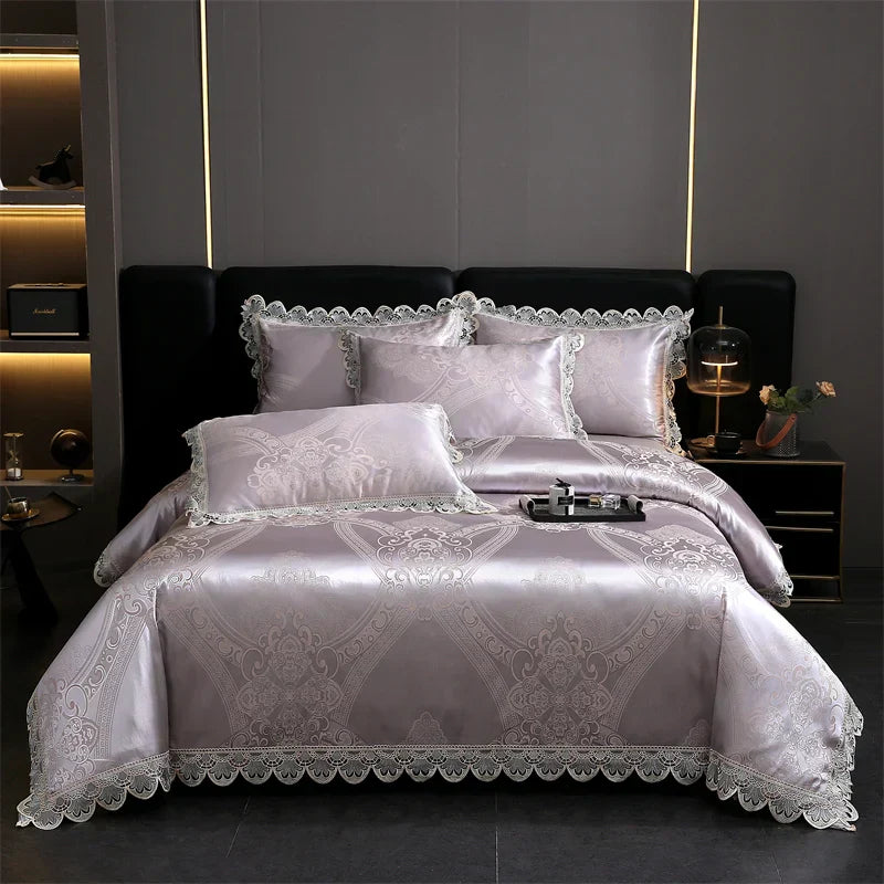 DecorBites™ Golden Jacquard Cotton Lace Bedding Set - Silky Soft Duvet Cover, Flat Sheet, Pillowcase