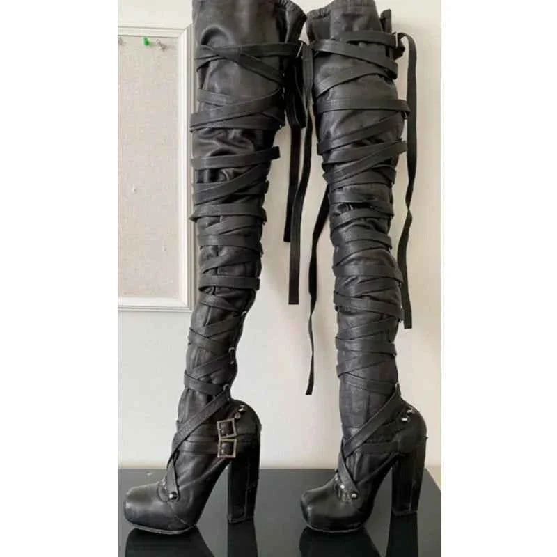 Crisscross Gothic Style Square Heel Boots