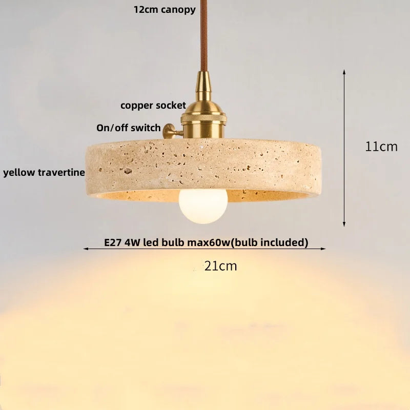 DecorBites™ LED Knob Switch Pendant Lamp Yellow Travertine Copper Wabi Sabi Hanging Lights