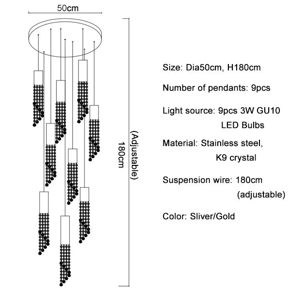 DecorBites™ Large Crystal LED Staircase Chandelier for Modern Living Room Hall Loft
