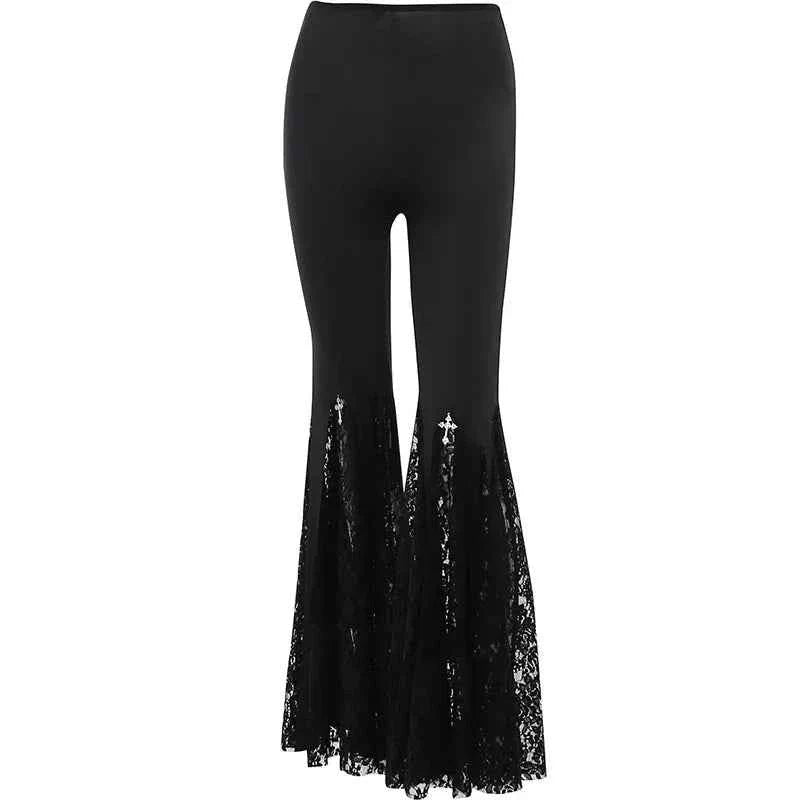 Goth Mall Flare Jeans Sexy Black Lace Patchwork High Waist Vintage Punk Grunge Streetwear