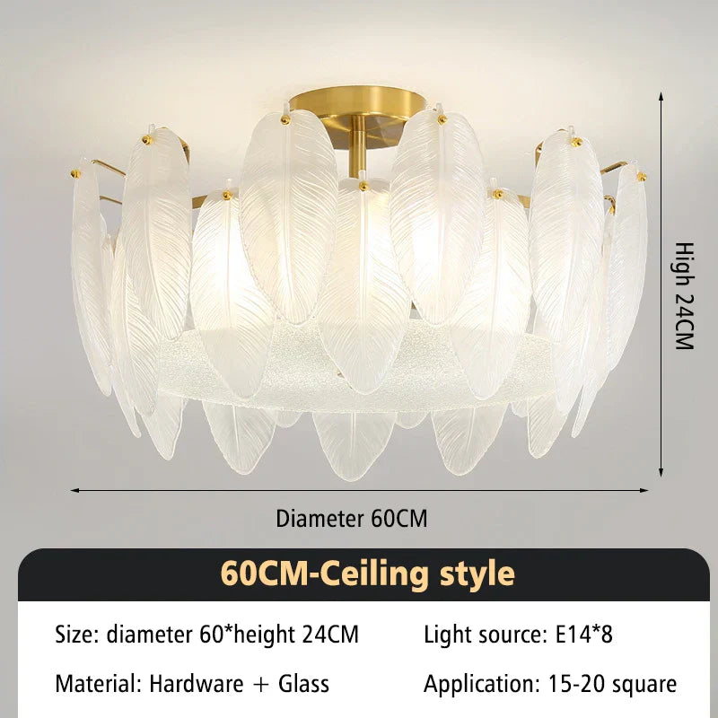 DecorBites™ Glass Feather Chandelier: Luxury Art Decor Ceiling Chandelier for Living Dining Room